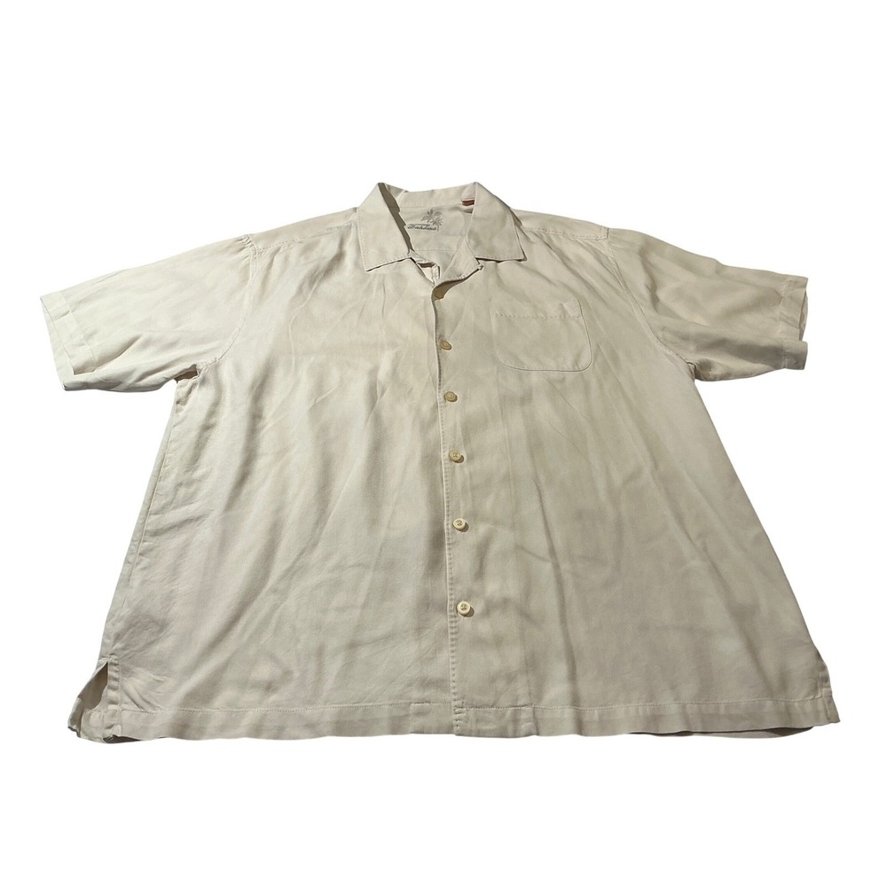 Tommy Bahama Mens XL Silk Short Sleeve Button Up Shirt Cream Beige Camp Tropical
